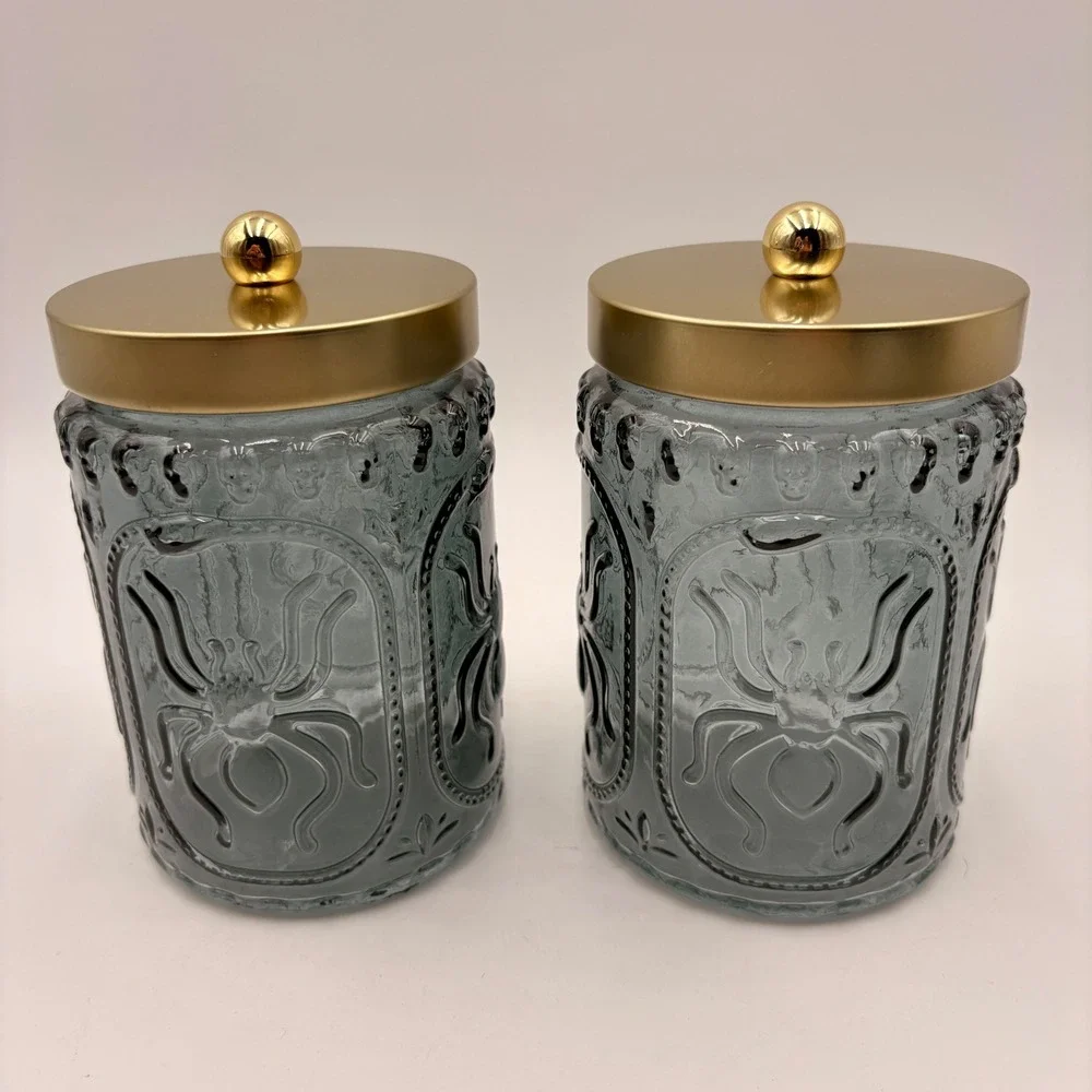 Cook With Color 2pc Glass Canister Set Spider Skull Gothic Gold Lid Halloween